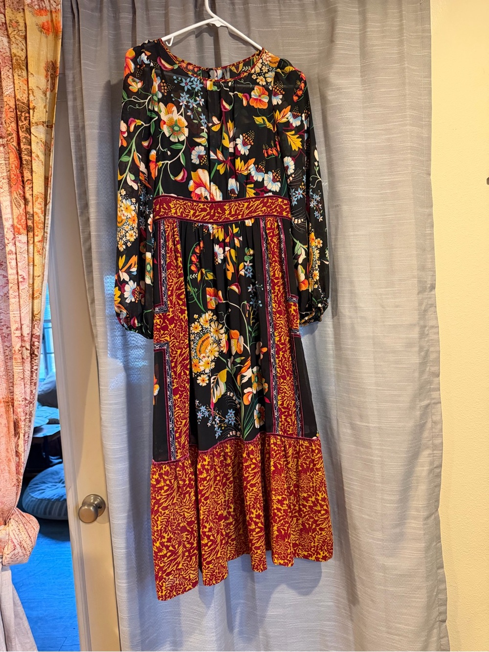 Anthropologie Black Floral Midi Dress with Red Accents